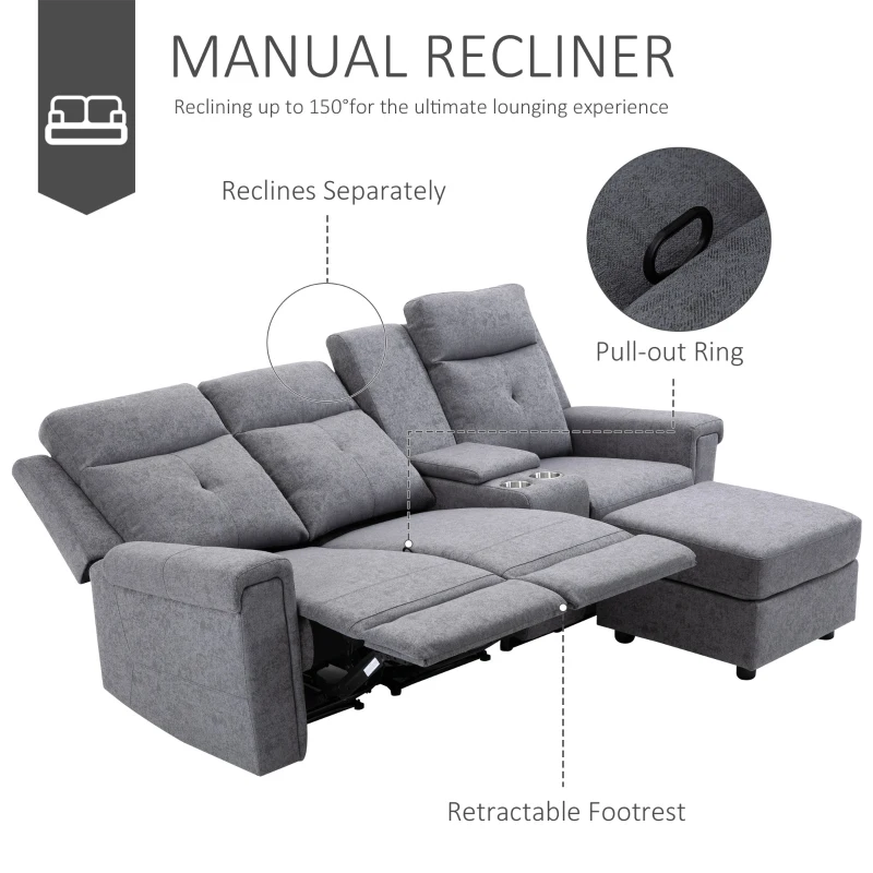 HOMCOM Modern L-Shaped Sectional with Chaise, 3 Seater Manual Recliner with Ottoman, Storage Console, Cup Holders, USB Charging, Gray