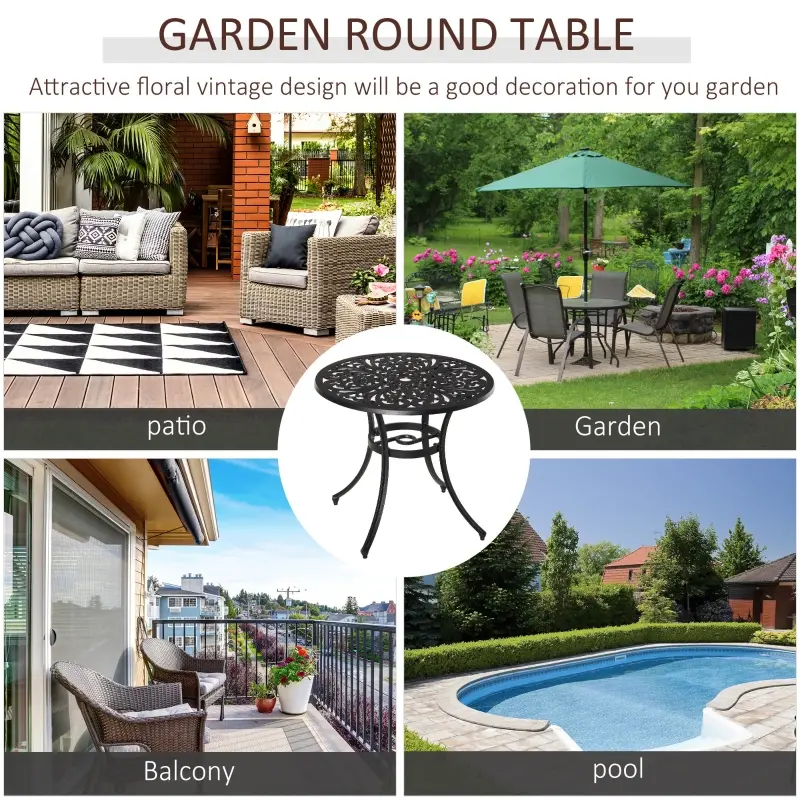 Outsunny Φ34" Outdoor Patio Garden Table with Unique Floral Design, Aluminum Material, & 1.75" Umbrella Hole