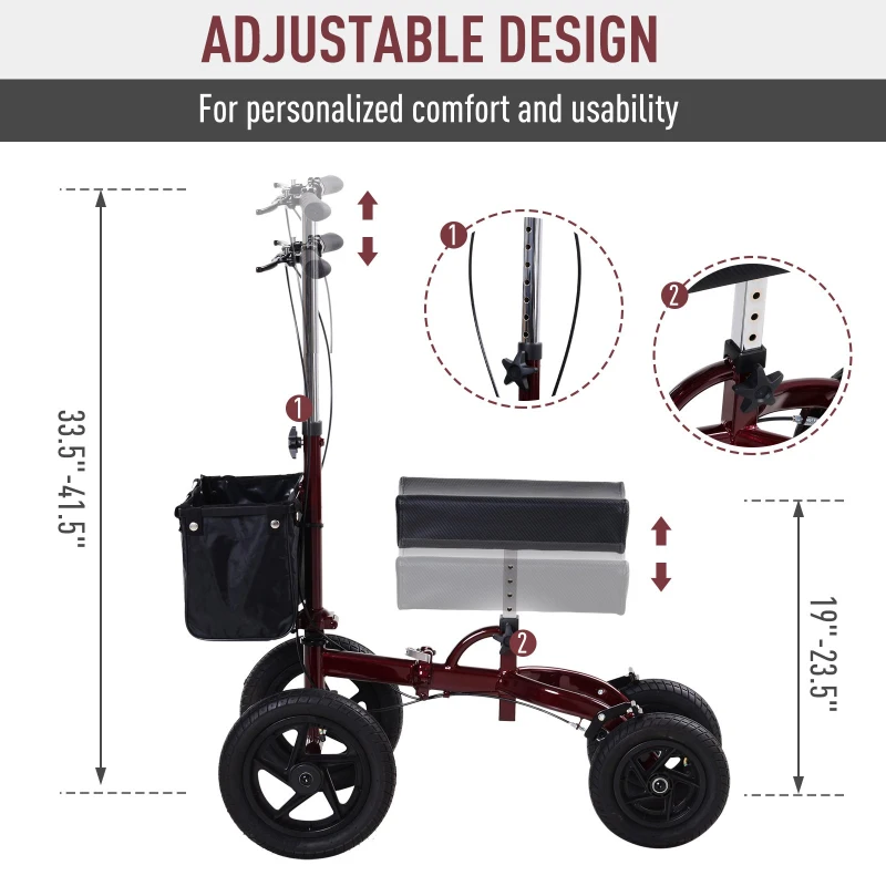 HOMCOM Knee Scooter for Foot Injuries in Adults with Basket Storage, Portable Folding Knee Walker Mobility Scooter for Medical Rehabilitation & Injuries, Red