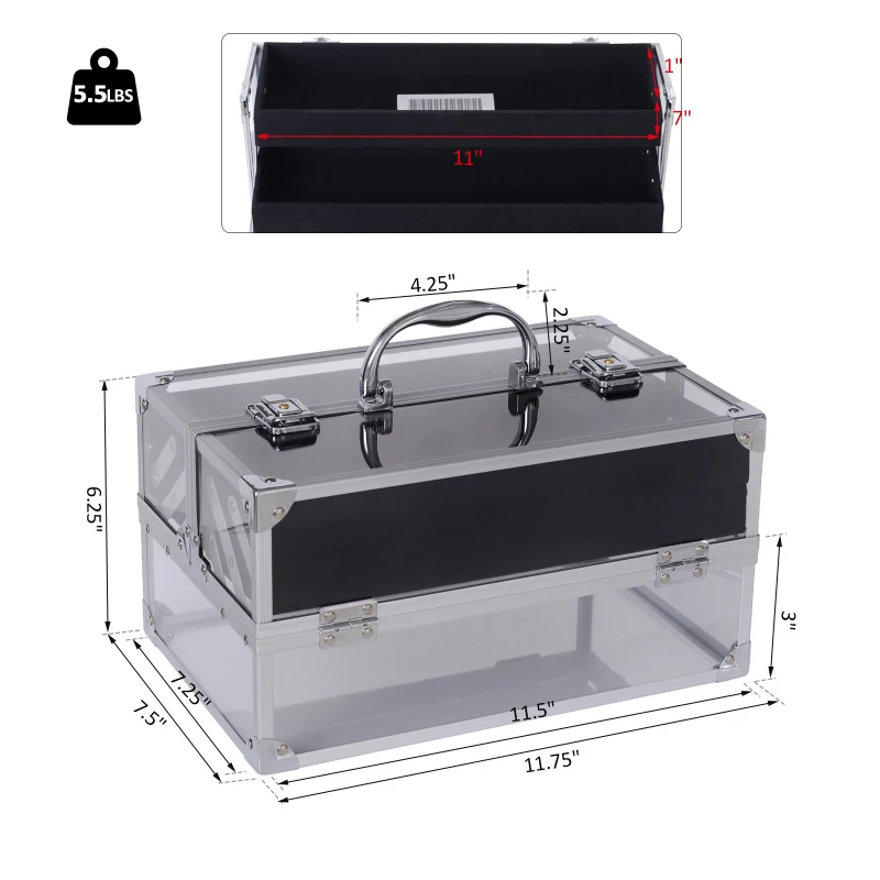 HOMCOM Portable Makeup Case Train Case Lockable Aluminum w/ 4 Trays & Bottom Drawer Sliver