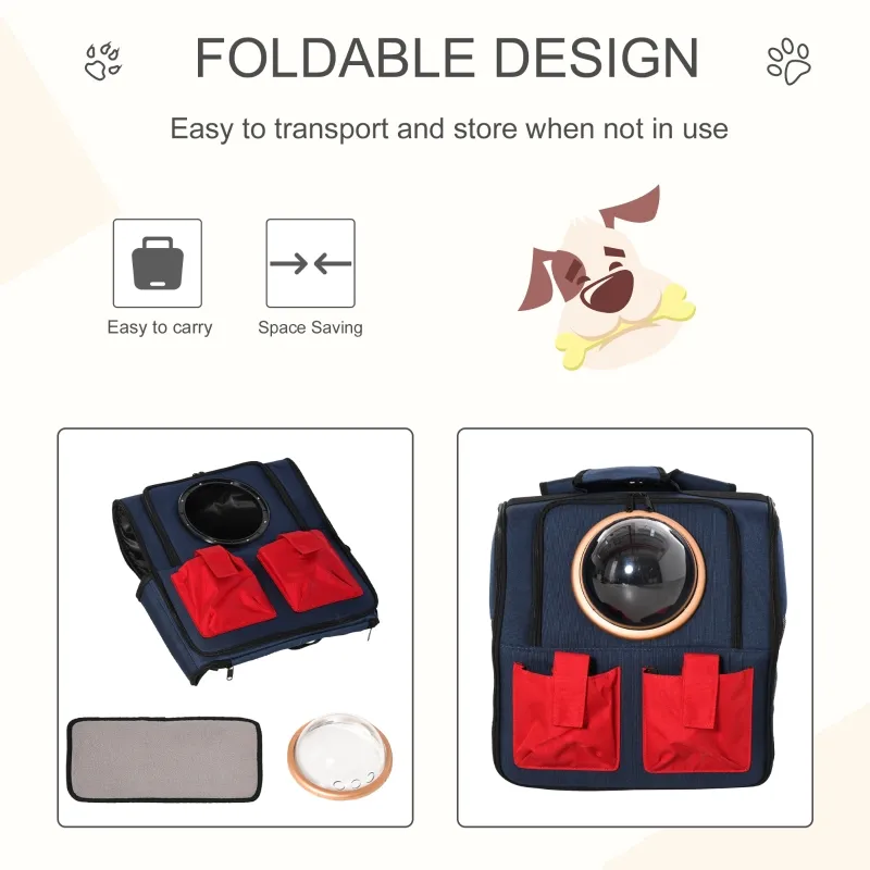 PawHut Foldable Pet Carrier Backpack with Two Storage Packets, Breathable Mesh, Transparent Window & Adjustable Shoulder Strap for Small Cats & Dogs Travel Hiking, Blue