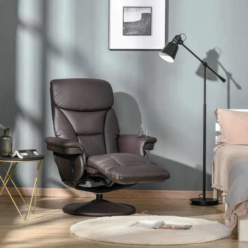 HOMCOM Manual Recliner, Swivel Lounge Armchair with Side Pocket, Footrest and Cup Holder for Living Room, Brown