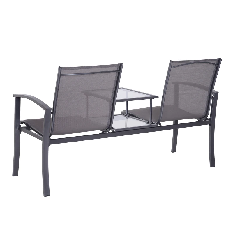 Outsunny Garden Patio 2 Person Bench Aluminum Mesh Fabric Seat w/Table Armrest