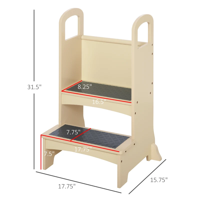 Qaba Toddler Tower Kitchen Helper for Children with 2 Non-Slip Steps and Support Handles - Natural