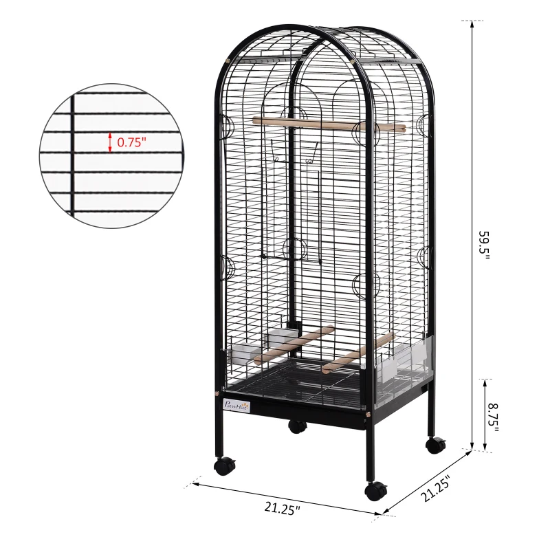 PawHut Metal Bird Parrot Cage With Rolling Standing 5ft w/ perches and bowls Black