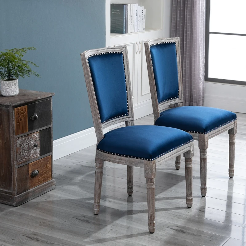 HOMCOM Vintage Upholstered Dining Chairs Set Of 2 with Nailhead Trim , Thick Padded Seat Cushions, and Wood Legs, Blue