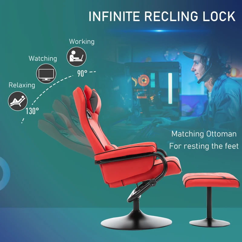 Vinsetto High Back Video Gaming Recliner with Ottoman, Racing Style PC Computer Office Chair, Swivel with Headrest & Lumbar Support, Adjustable Height, Red/Black