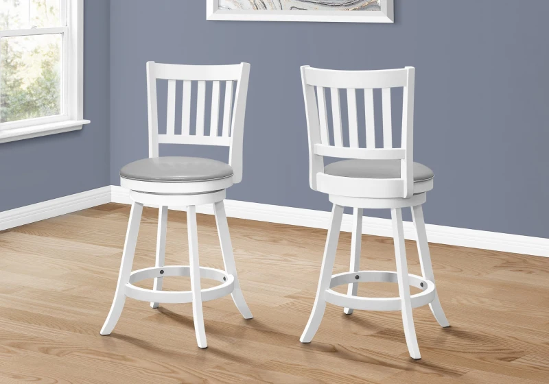 Monarch 2pc Traditional Counter-Height Swivel Barstools with Rounded Grey Leather-Look Upholstered Seat - White