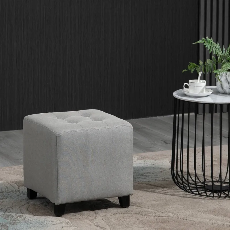 HOMCOM Tufted Ottoman Linen-Touch Fabric Upholstered Footrest Stool with Anti-Slip Pads, Light Grey