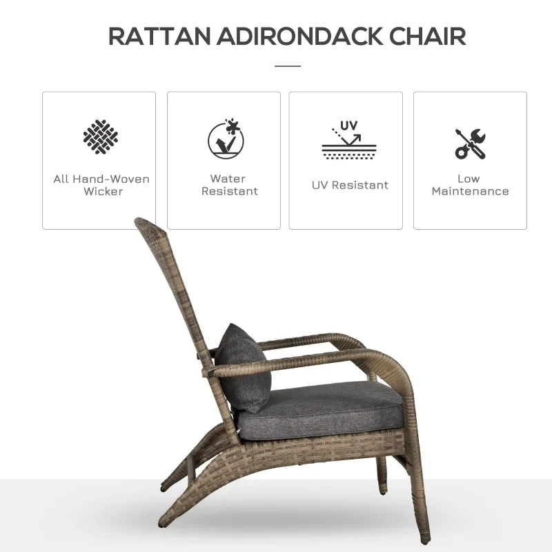 Outsunny Patio Wicker Adirondack Chair, Outdoor All-Weather Rattan Fire Pit Chair w/ Soft Cushions, Tall Curved Backrest and Comfortable Armrests for Deck or Garden, Charcoal Gray