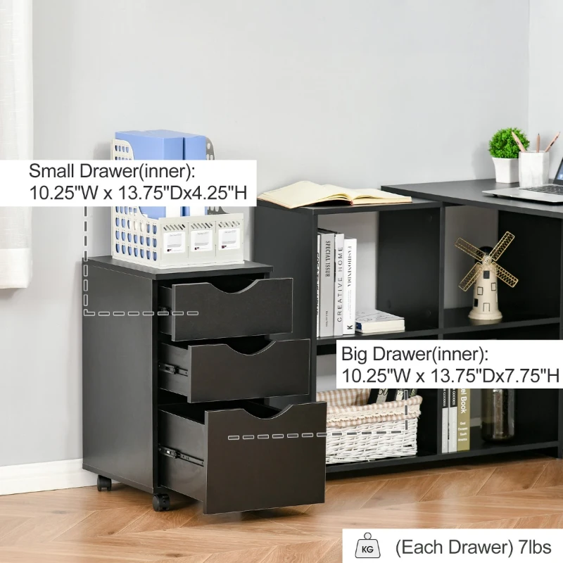 HOMCOM 3 Drawer Mobile File Cabinet with Wheels, Wood Filing Cabinet for Home Office, Rolling Under Desk Cabinet, Black