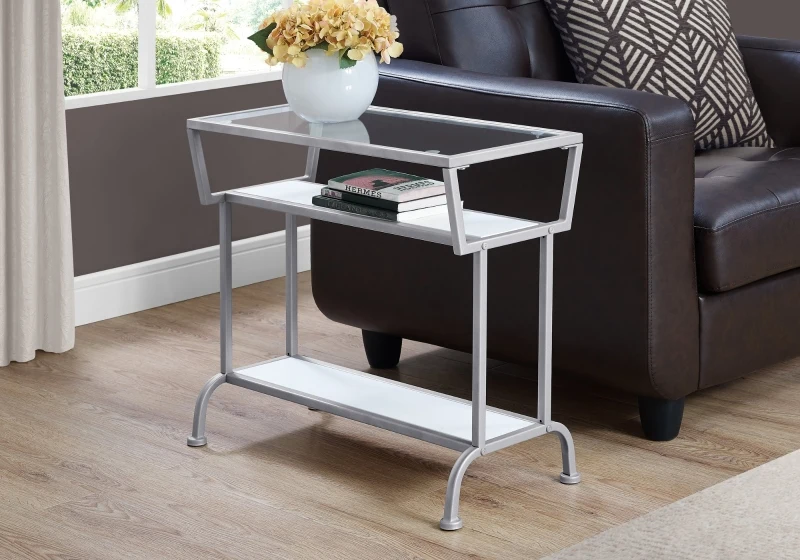 Monarch 22" 3-Tier Contemporary Tempered Glass Top Metal Framed Side Accent Table - White Finish