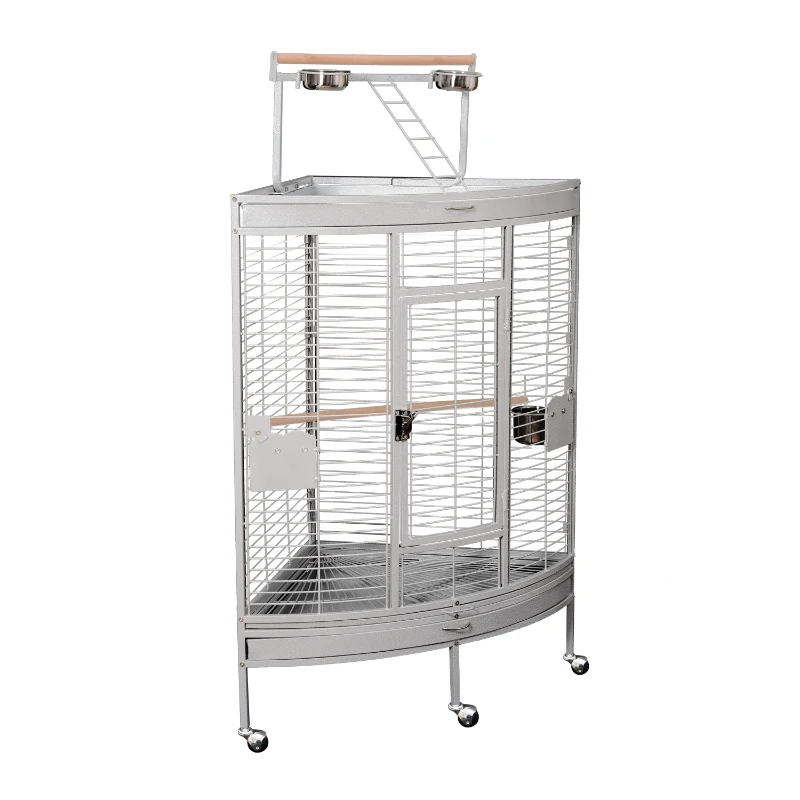 PawHut Corner Parrot Bird Cage Perch Roof Play Top Ladder w/4 Casters White