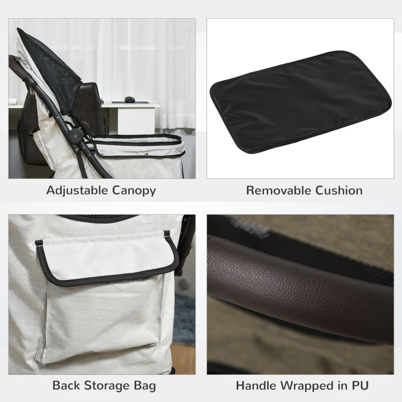 PawHut Travel Pet Stroller for Dogs, Cats, One-Click Fold Jogger Pushchair with Aluminum Frame, EVA Wheels, Brakes, Basket Storage, Safety Belts, Adjustable Canopy, Zippered Mesh Window Door, Beige