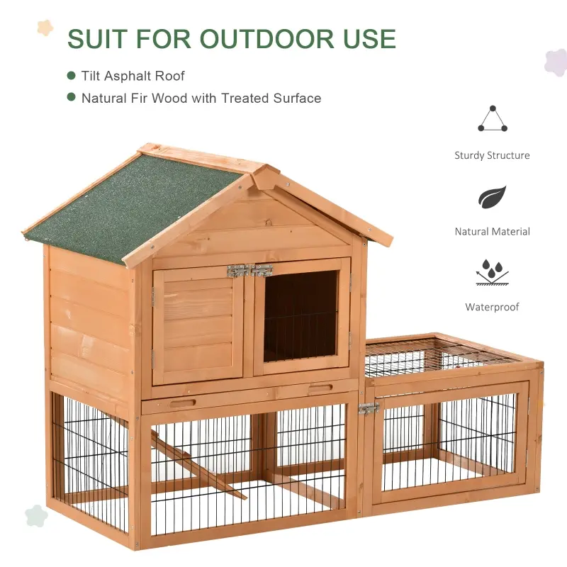 PawHut 53" Wooden Rabbit Hutch Bunny House Poultry Cage With Outdoor Run, Removable Tray, Ramp and Weatherproof Roof