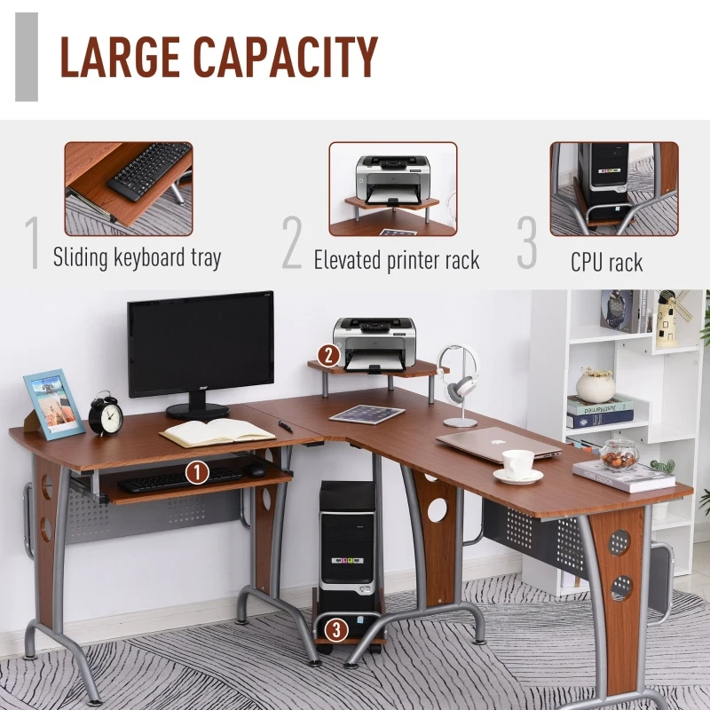 HOMCOM L-Shaped Corner Computer Office Desk Workstation with Elevated Shelf, Rolling Keyboard Tray, & Convenient CPU Stand, Brown