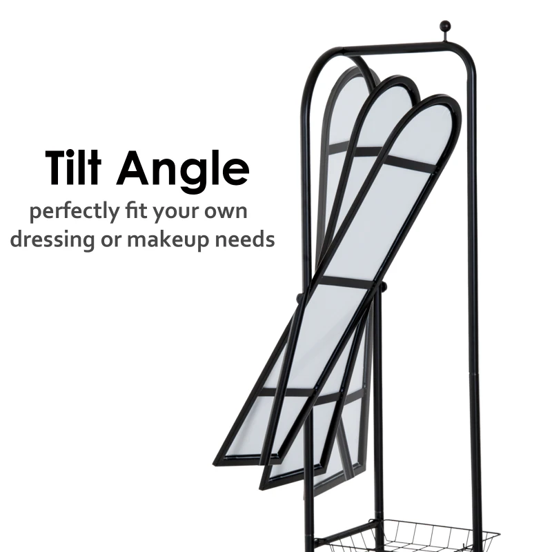 HOMCOM 65" Steel Rolling Floor Mirror Free Standing Tilt Dressing Mirror with Storage Home Furniture Black