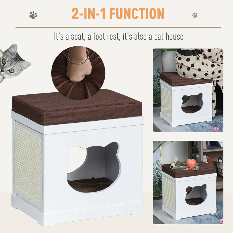 PawHut Wooden Cat Bed Cube House with Soft Padded Cushions, 2 Exterior Scratching Boards, & Interior Space, White