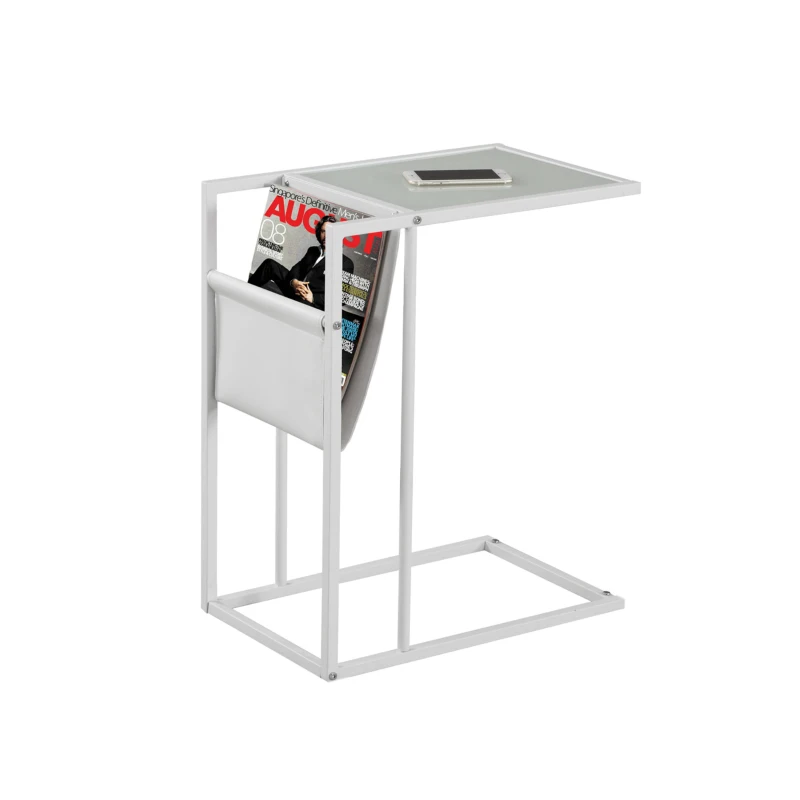 Monarch 24" Contemporary Tempered Glass Top Metal Frame Snack C-Shape Side Accent Table with Magazine Storage Rack - White Finish