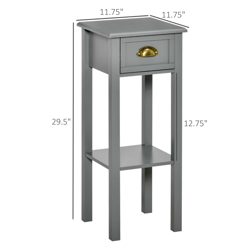 HOMCOM 2-Tier Tall Side Table, Nightstand End Table w/ Drawer & Bottom Shelf for Living Room, Bedroom, Gray