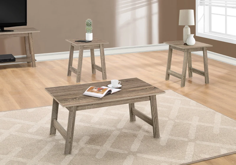 Monarch 3 Piece Modern Minimalist Wood-Look Coffee Table / Two Matching End Tables Set - Dark Taupe