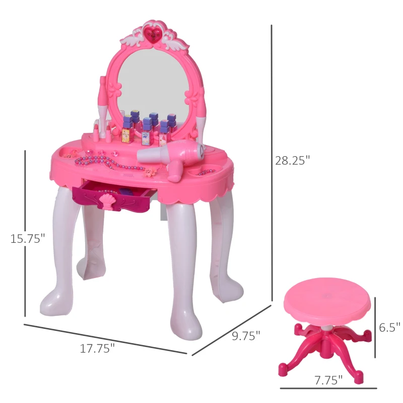 Qaba Kids Vanity Set, Pretend Play Girls Makeup Vanity with Lights, Music, Hair Dryer and Makeup Accessories, Pink