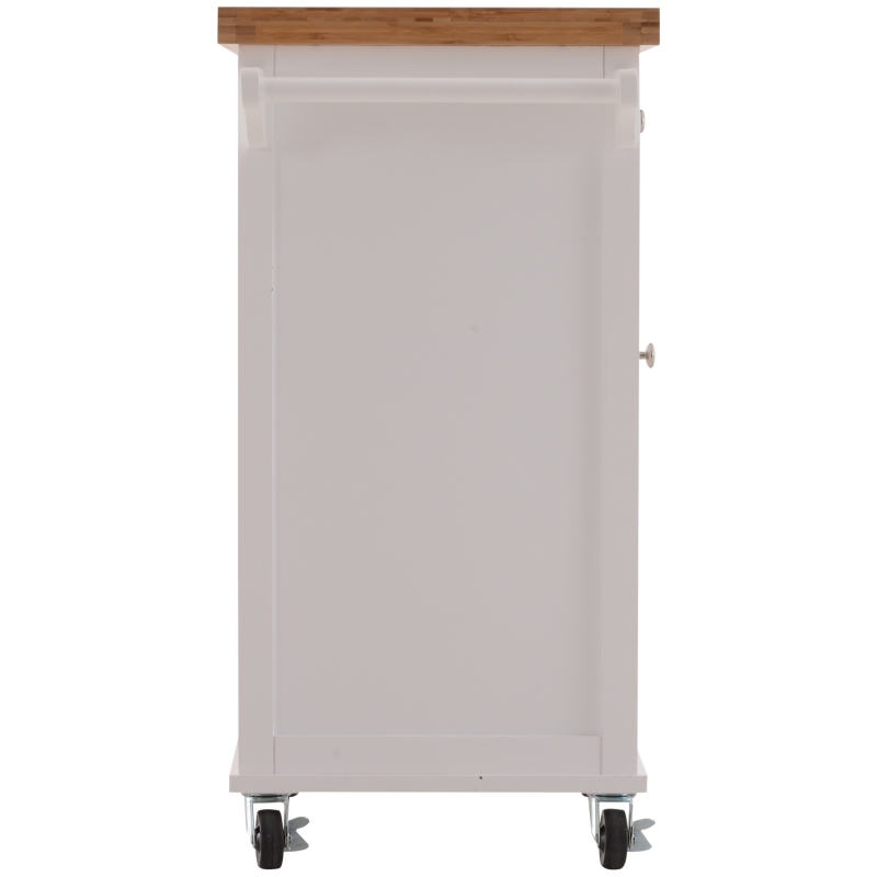 Open Box HOMCOM 27.5" Pine Wood Bamboo Portable Rolling Kitchen Island Cart with Wheels - White