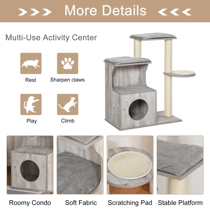 PawHut Cat Tree Climbing Activity Center with Scratching Post Condo Perch Cushions 34.75" H, Grey