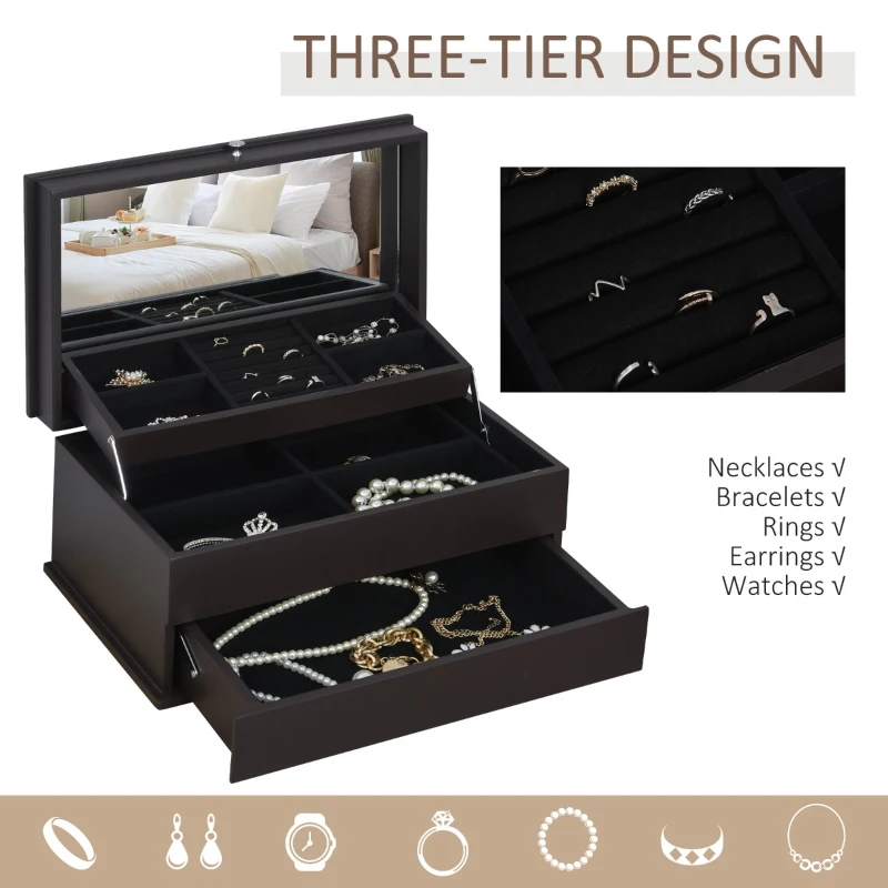 HOMCOM 3-Tier Jewelry Box Organizer with Glass Mirror and 6 Slots for Beauty Accessories, Costume Jewelry - Walnut