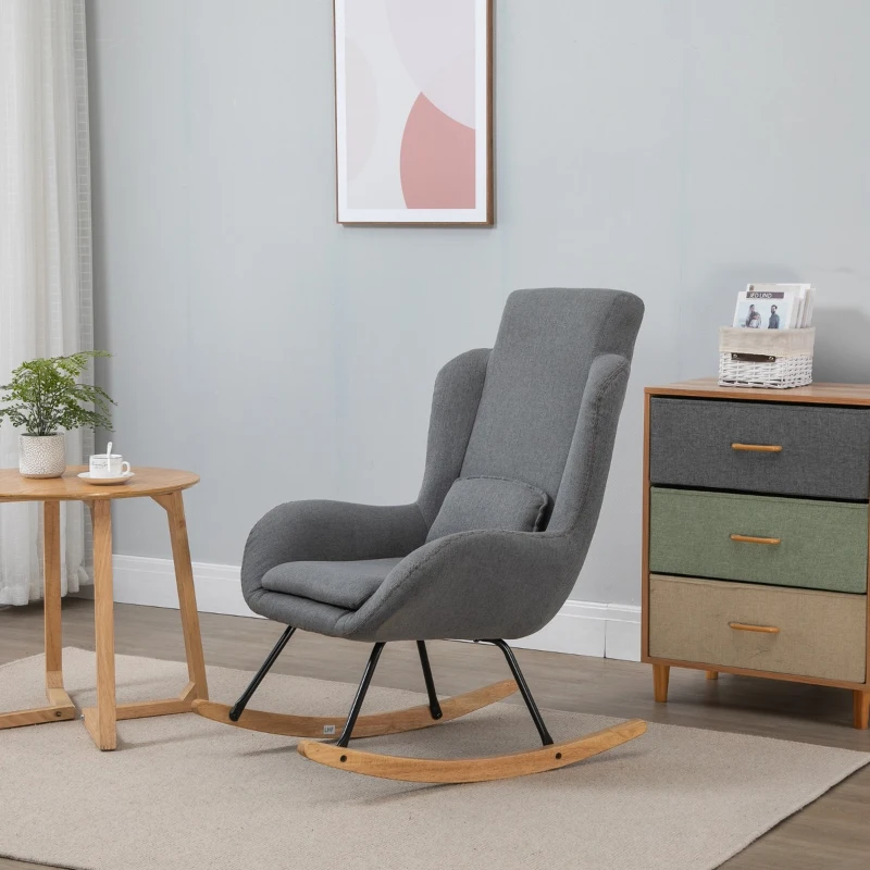 HOMCOM Modern Rocking Chair with Removable Lumbar Pillow Fabric Sofa Armchair with Thick Padding, Metal Frame, Wood Base for Living Room, Light Gray