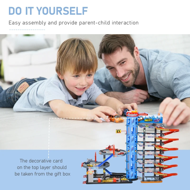 Qaba 7-Level Car Parking Garage Toy Race Tracks Car Ramp Set Toddler Car Games 96PCS w/ Cars & Helicopter Elevator Gas Station Car Repair Station for 3-6 Years Old