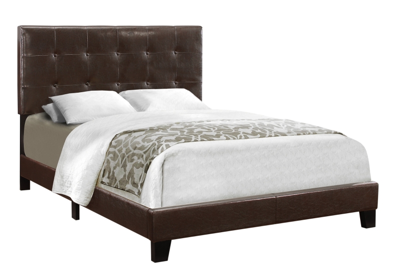 Monarch Full Size Contemporary Upholstered Bed Frame with Tufted Headboard and Wood Legs - Dark Brown Leather Look