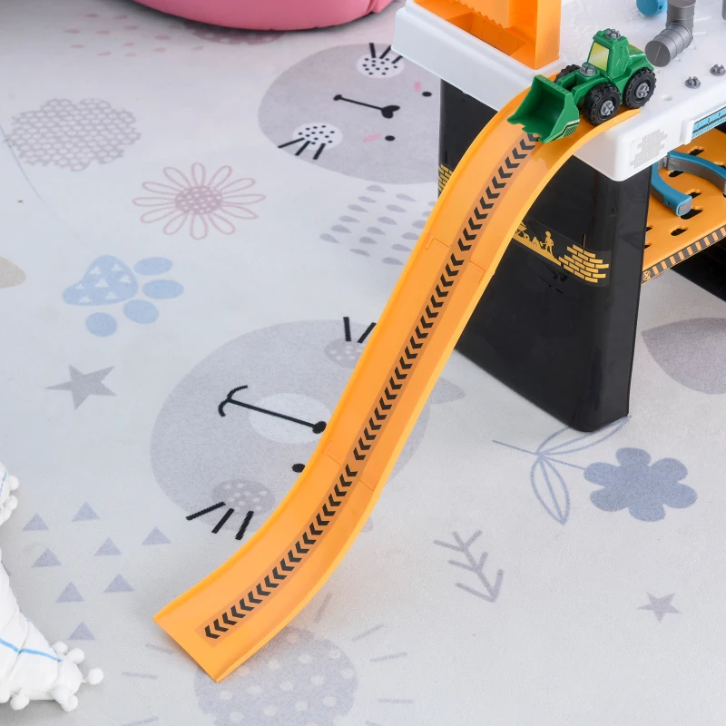 Qaba 54 Pieces Kids Tool Workbench, Toddler Pretend Play Construction Tool Toy with Cars and Slides for Ages 3+