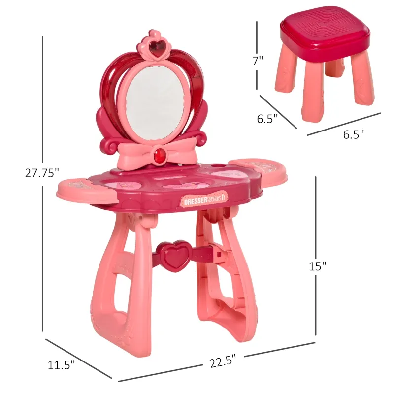 Qaba Kids Vanity Makeup Table Set with Chair, 36-Piece Princess Vanity Table and Comfortable Safe Stool, Imaginative Toy, Beauty Kits, Lights for 3 Years Old Red, Pink