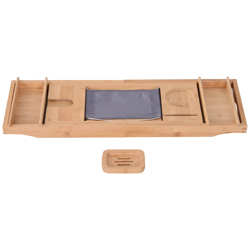 kleankin 42" Adjustable Luxury Bath Caddy Book Tablet Laptop Wine Holder Natural Bamboo Tray