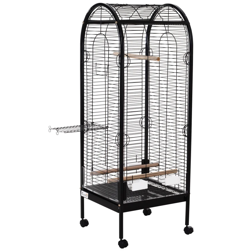 PawHut Metal Bird Parrot Cage With Rolling Standing 5ft w/ perches and bowls Black