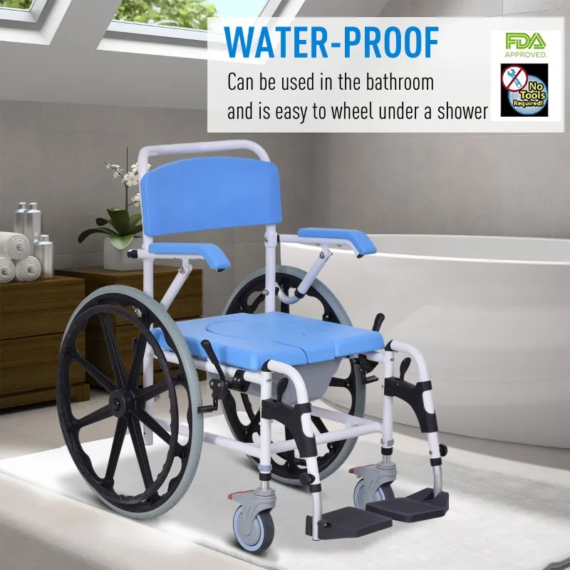 HomCom Rolling Shower Wheelchair Bath Toilet Commode Bariatric with 24" Wheels, Detachable Bucket & Shower-Proof Design, 17" Seat Width, Blue