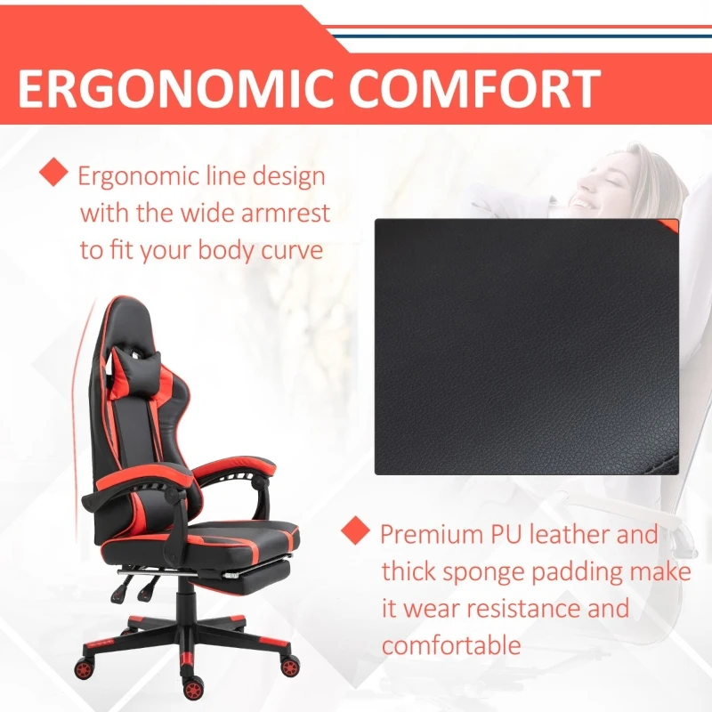Vinsetto High Back Gaming Chair, PU Leather Racing Style Gamer Computer Chair with Retractable Footrest with Lumbar Support, Pillow and Adjustable Padded Armrests, Red