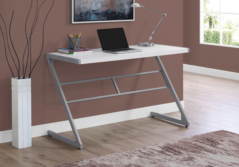 Monarch 48" Contemporary Z-Shaped Laminate Top Computer Writing Desk - White / Silver
