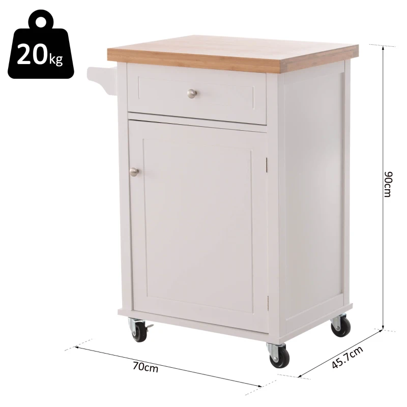 Open Box HOMCOM 27.5" Pine Wood Bamboo Portable Rolling Kitchen Island Cart with Wheels - White