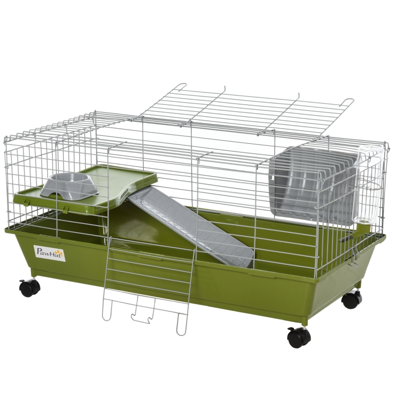 PawHut 35" Small Animal Cage Chinchilla Guinea Pig Hutch Pet House with Platform Ramp, Food Dish, Wheels, & Water Bottle