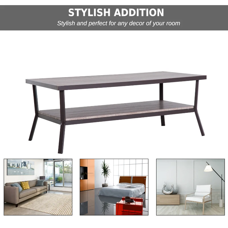 Open Box HomCom Rustic Industrial Minimal Two Tier Wooden Coffee Table - Light Brown Woodgrain