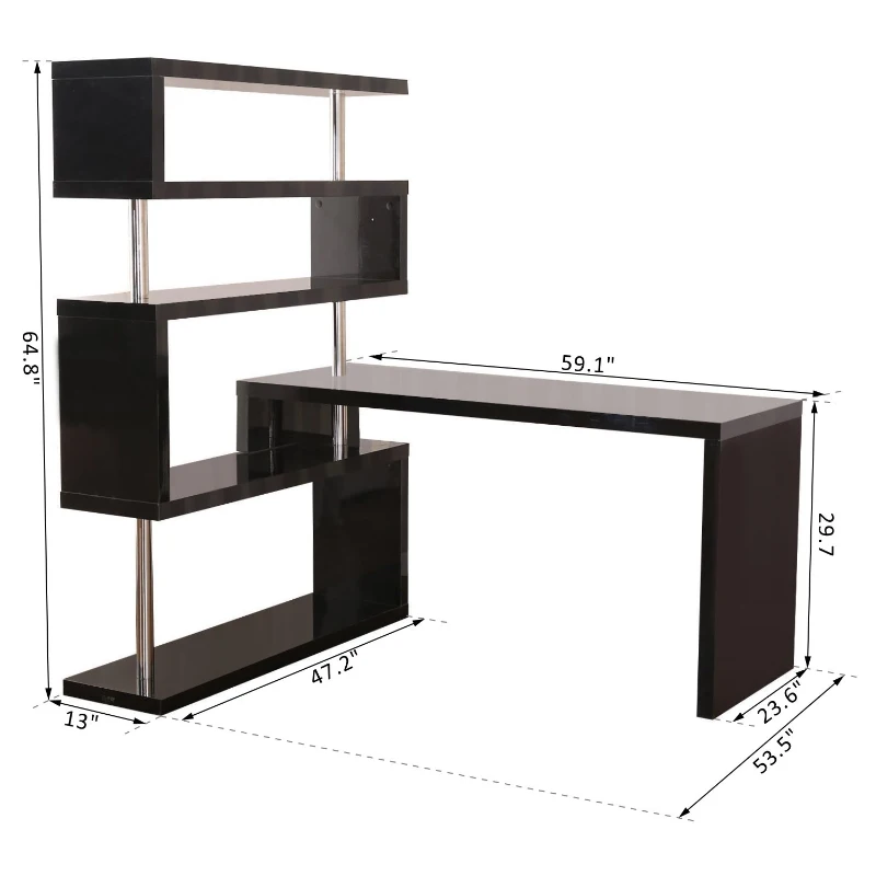 HOMCOM Rotating Corner Desk with 4 Tire Hollow Shelves Workstation Hallow Core Hobby Desk Table with Storage Display Rack Home Office Black