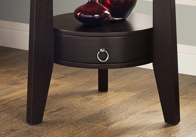 Monarch 23" Round Elegant 2-Tier Wood Grain-Look Storage Drawer Accent Side Table - Cappuccino Brown Finish
