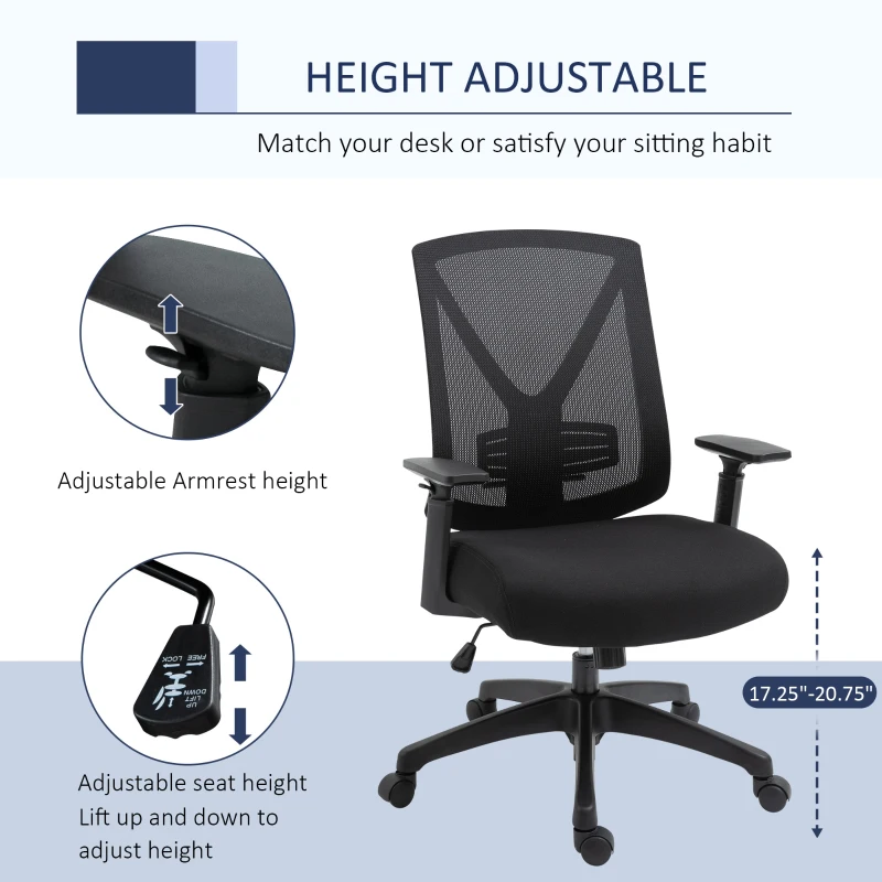 Vinsetto Ergonomic Mesh Office Chair with Lumbar Back Support, Swivel Rocking Computer Chair with Adjustable Height and Armrests for Home Office, Black