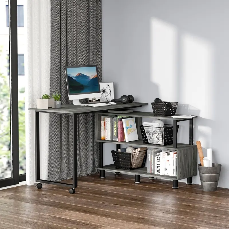 HOMCOM Mobile L-Shaped Rotating Computer Desk with Storage Shelves Moveable Rolling Writing Table Home Office Study Workstation for Home Office, Grey