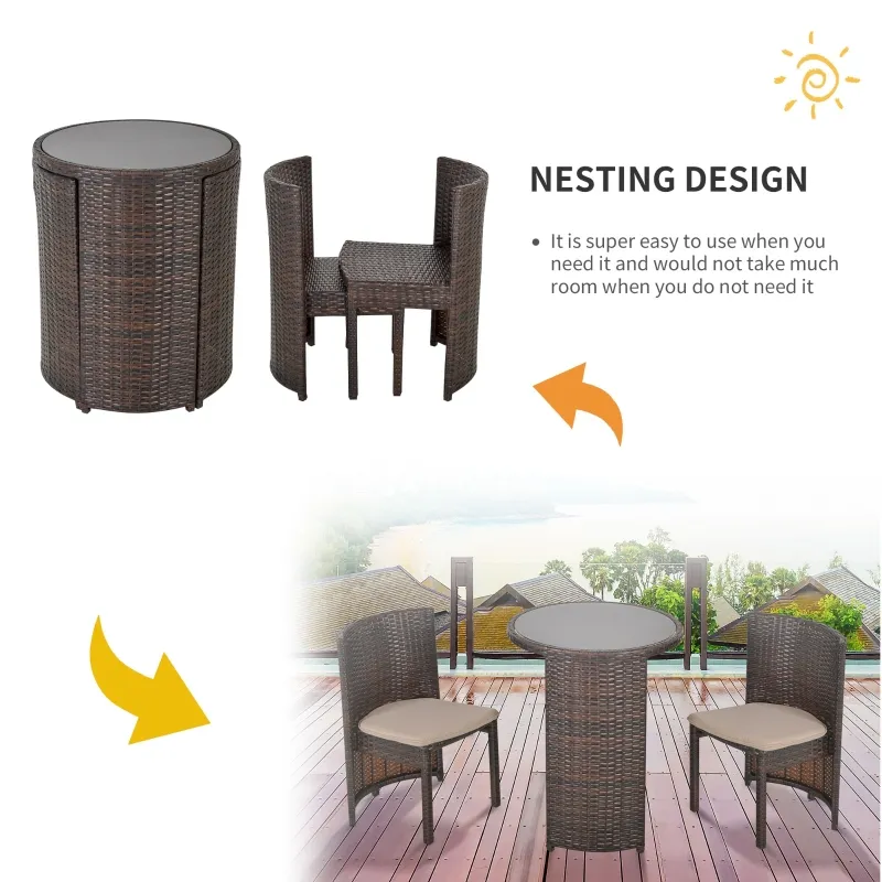 Outsunny 3 PCS Outdoor Rattan Wicker Bistro Set with Storage Shelf, Glass Top Table, Soft Cushioned Chairs and Space Saving Design, Patio Conversation Set for Garden Backyard Porch, Brown