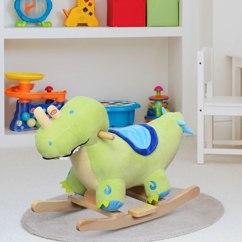 Qaba Kids Plush Rocking Horse Child Plush Ride On Toy Dinosaur Rocker with Realistic Sounds Green