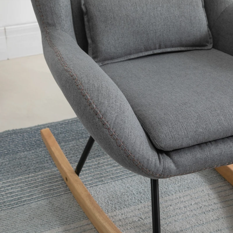 HOMCOM Modern Rocking Chair with Removable Lumbar Pillow Fabric Sofa Armchair with Thick Padding, Metal Frame, Wood Base for Living Room, Light Gray