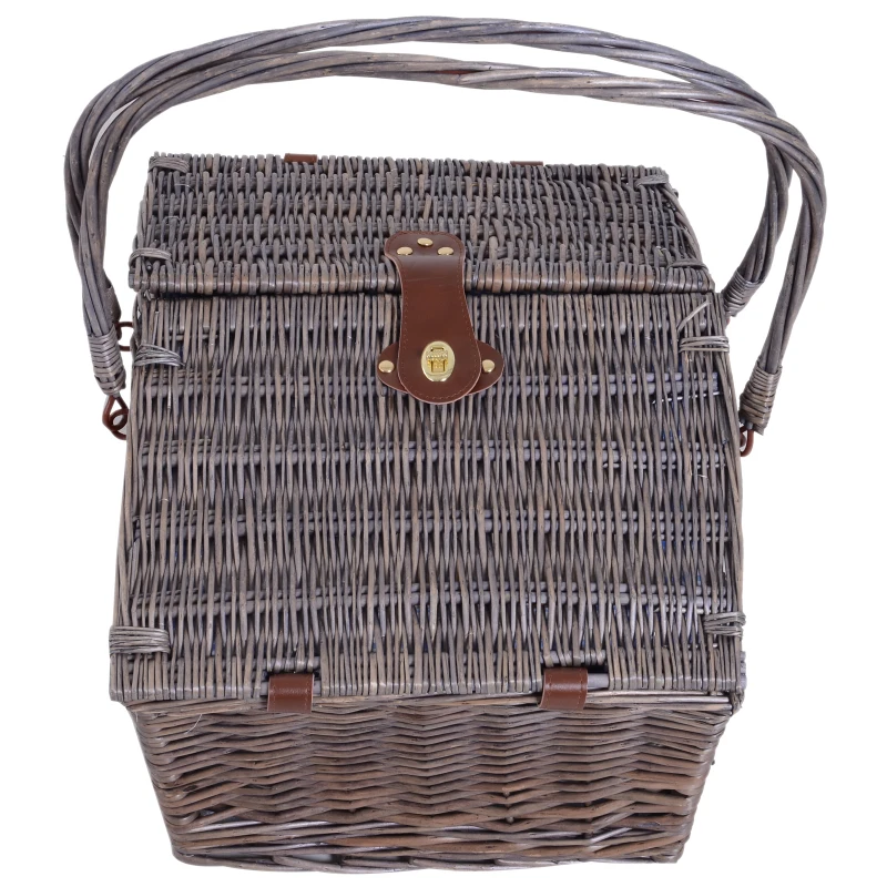 Outsunny Double-Lid Wicker Picnic Basket for 4 People Cutlery Plate Wine Glass